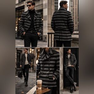 Andrew Fezza XL Gray Black Striped Wool Blend Peacoat NWT-Like